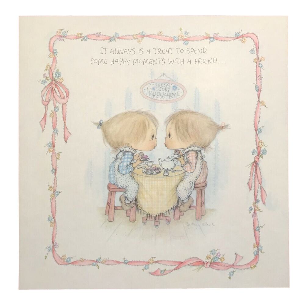 Hallmark Betsey Clark Calendar Print Cute Girls Having Tea Time 1977 Vintage